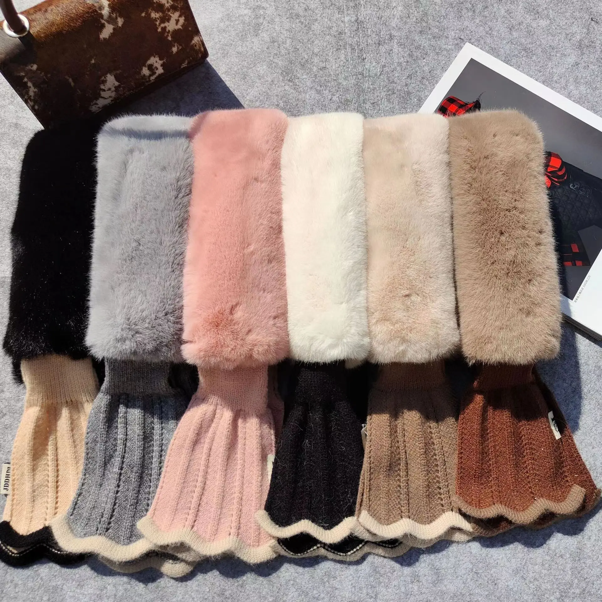 Korean Knitted Fishtail Scarf New Splice Wool Scarf Imitating Rex Rabbit Hair Cross Wool Scarf