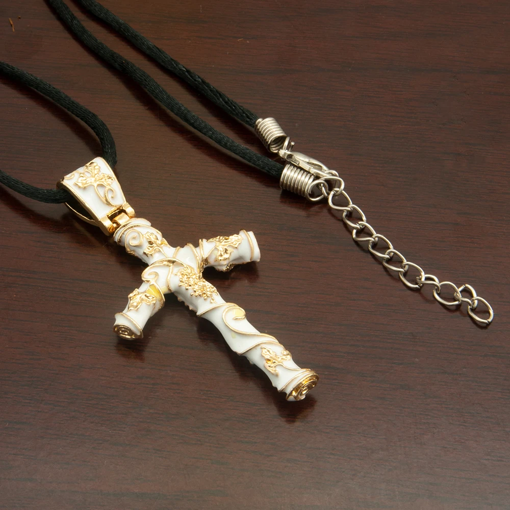 HTISOK Religion-Halskette, Emaille, Knochenform, Weinrebe und Blätter, Kreuz-Anhänger, christlicher religiöser Schmuck, Geschenke für Männer und Frauen – Detail 2