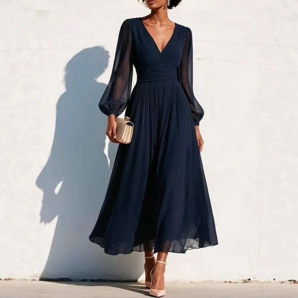 Women Deep V Neck Chiffon Maxi Dress Long Sleeve High Waist Ruched Slim Fit Vacation Party Dress