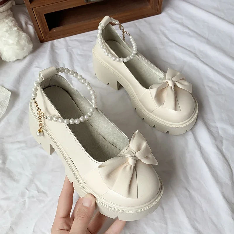 New Sexy Fashionable Elegant Shallow Mouth Round Toe Square Heel Thick Sole Casual Solid Color Bow Women's Shoes 5