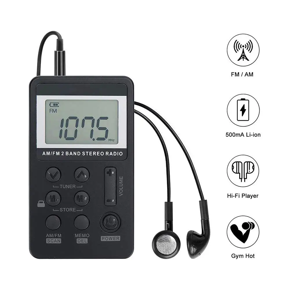 Mini Pocket Radio with Headphone USB Rechargeable AM/FM Full Band Portable Radio For Outdoor Cycling GYM Running Walking