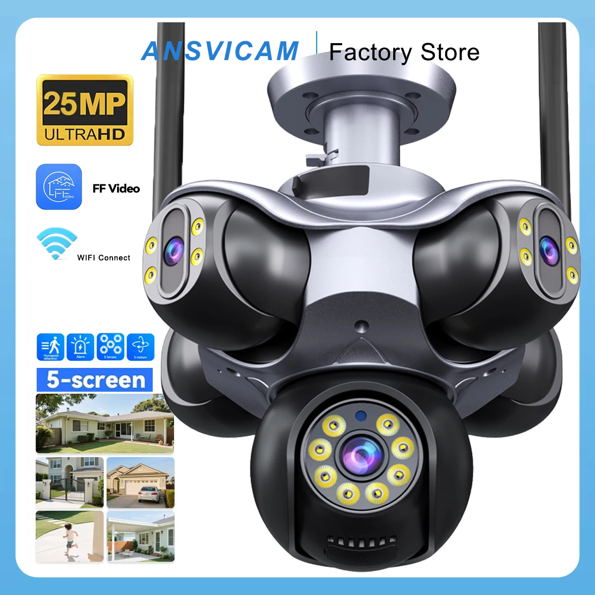 25MP 5-Lens Home Security Camera 5-Screen Split View WiFi IP CCTV 720° PTZ Auto Tracking 10K Night Vision Waterproof Outdoor Cam 1