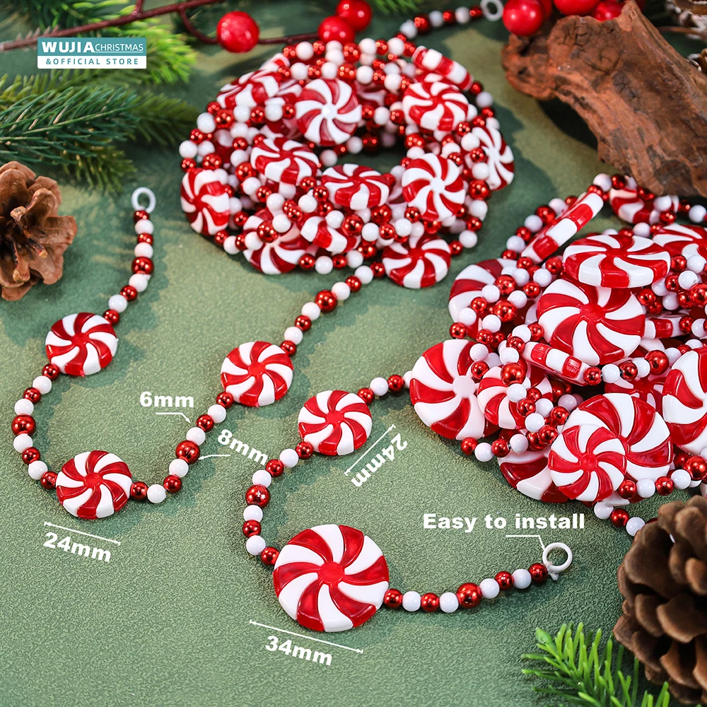 2.4M Christmas Candy Garland Peppermint Acrylic Bead String New Year Hanging Xmas Tree for Fireplace Wreath DIY Party Home Decor