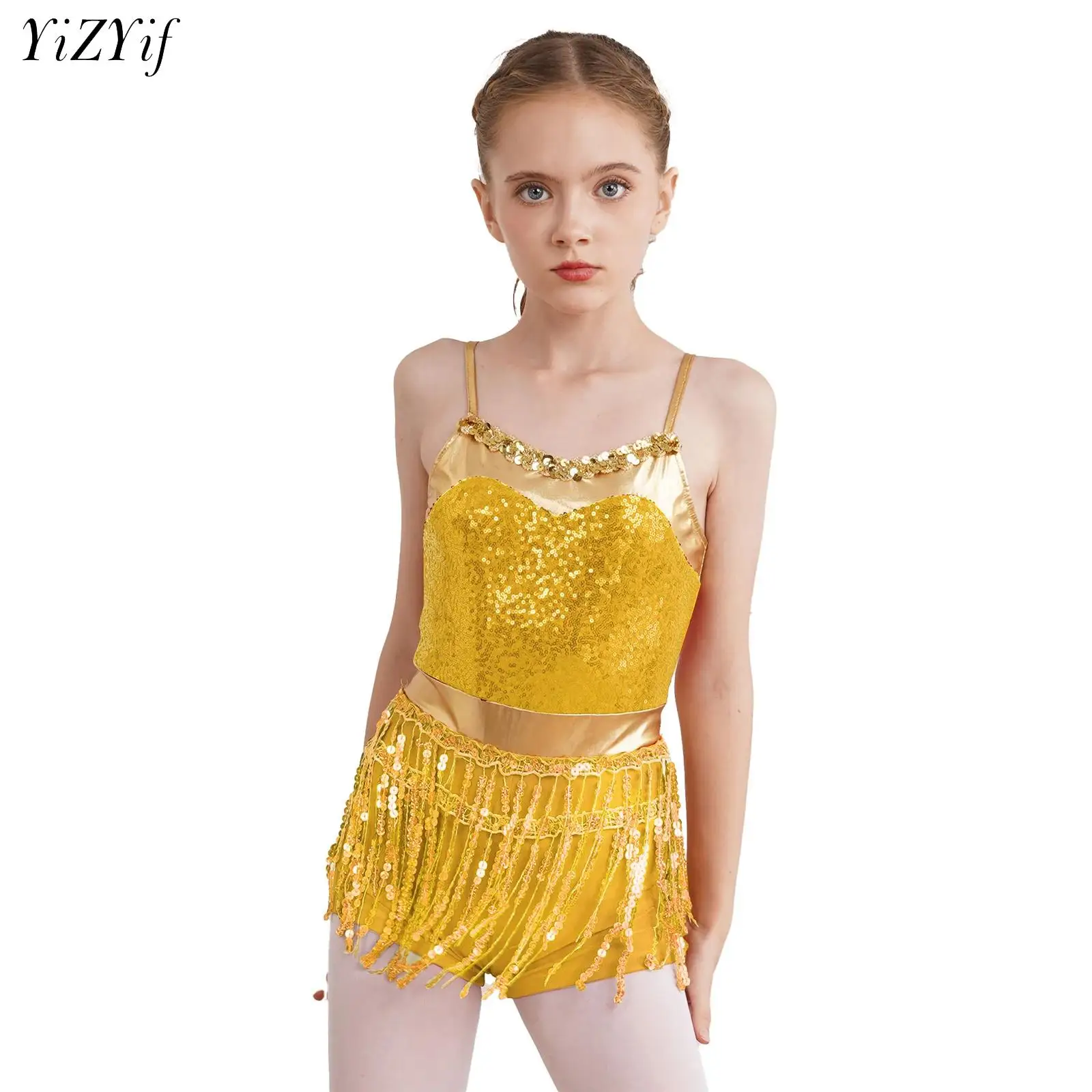 

Kids Girls Shiny Sequins Metallic Jazz Latin Samba Dance Leotard Sleeveless Fringe Boyleg Jumpsuit Stage Performance Costume