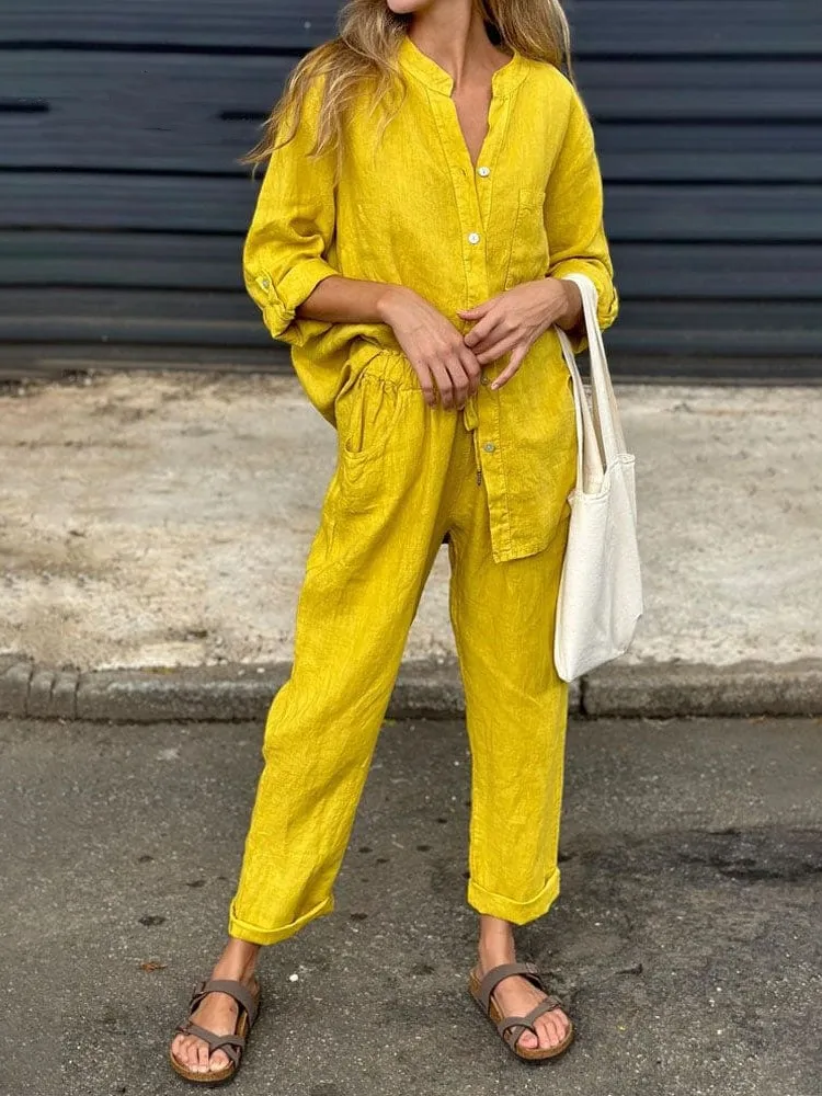 Casual Shirt Pants Sets For Women Solid Loose Lapel Single Breasted Shirts Straight Pant 2024 Summer Chic Two-piece Ladies Set