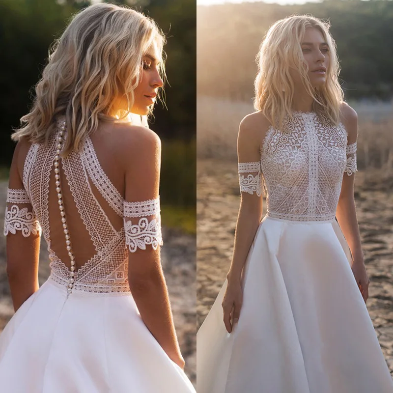 

Boho Wedding Dresses for Women Satin Lace Detachable Sleeves Elegant and Unique Rural Style Bridal Gown Brush Trailing Vestidos