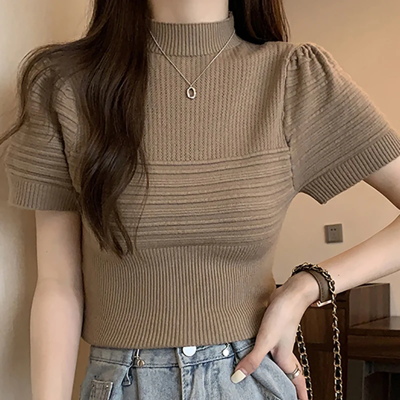 Women Semi Turtleneck Sweater Slim Tops Female Short Puff Sleeve Solid Thin Sweaters Pullovers For Women