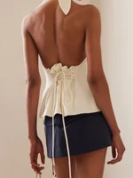 Sexy Women Summer Fashion Tank Tops Solid Color Sleeveless Backless Tie-up Halter Off Shoulder Ruched Vest Streetwear - Image 6