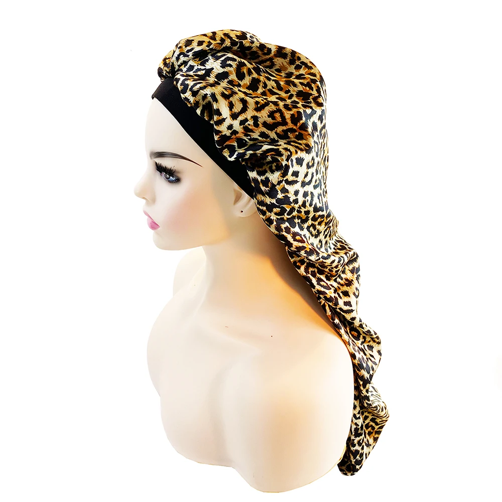 Satin Bonnet Cap Night Sleep Hat Wide Elastic Bands Long Hair Care Wrap For Women Leopard Print 4