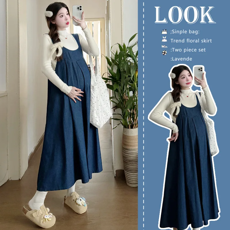 2026 봄 가을 신상 임부복 루즈핏 부드러운 데님 오버롤 드레스와 흰색 긴팔 베..