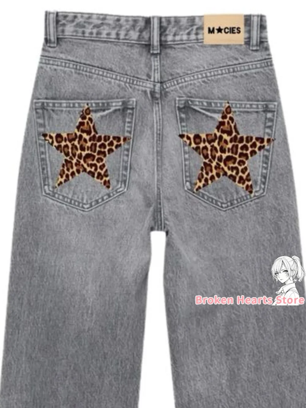 Harajuku American Jeans Y2K Womens Leopard Print Five Pointed Star High Waist Slim Trousers Graphic Retro Blue Baggy Jeans Pants 2