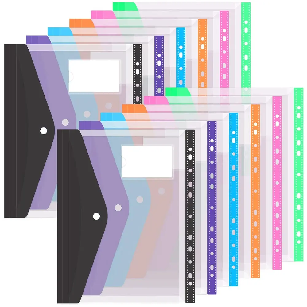 12pcs six-color file organizer, 11-hole plastic expanding folder for 2/3/4 ring binders with snap closures and blank labels. 1