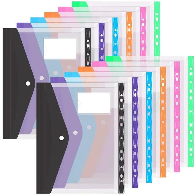 12pcs six-color file organizer, 11-hole plastic expanding folder for 2/3/4 ring binders with snap closures and blank labels. 1