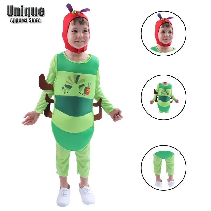 

Kids Lovely Hungry Caterpillar Fancy Dress Halloween Cosplay Costume Boys Girls Carnival Performance Insect Role Play Jumpsuit
