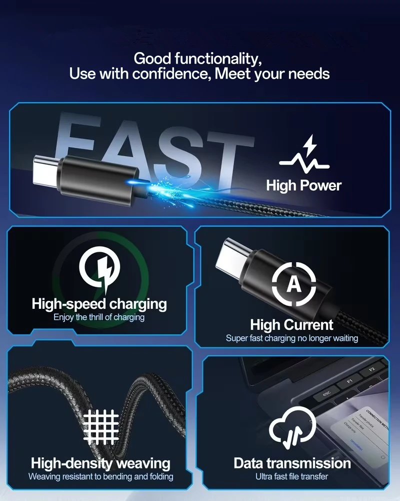 USB Type C Fast Charging Cable For Samsung Xiaomi Redmi POCO Honor Nylon Braided Quick Charge Cables For iPhone 15 16 17 Pro Max