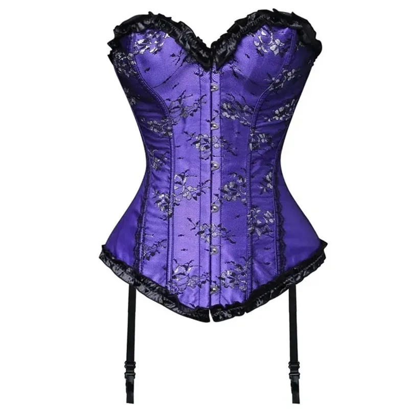 Women's sexy overbust corset lingerie Floral bustiers Pleated lace Waist slimming Vintage