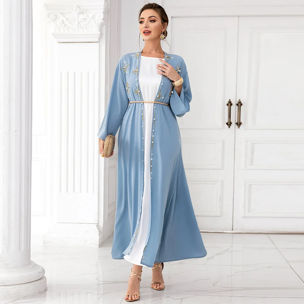 New Arabic Cardigan Open Abaya Handmade Diamonds Women Elegant Long Gown Muslim Fashion Moroccan Kaftan Jalabiya for Lady Dress