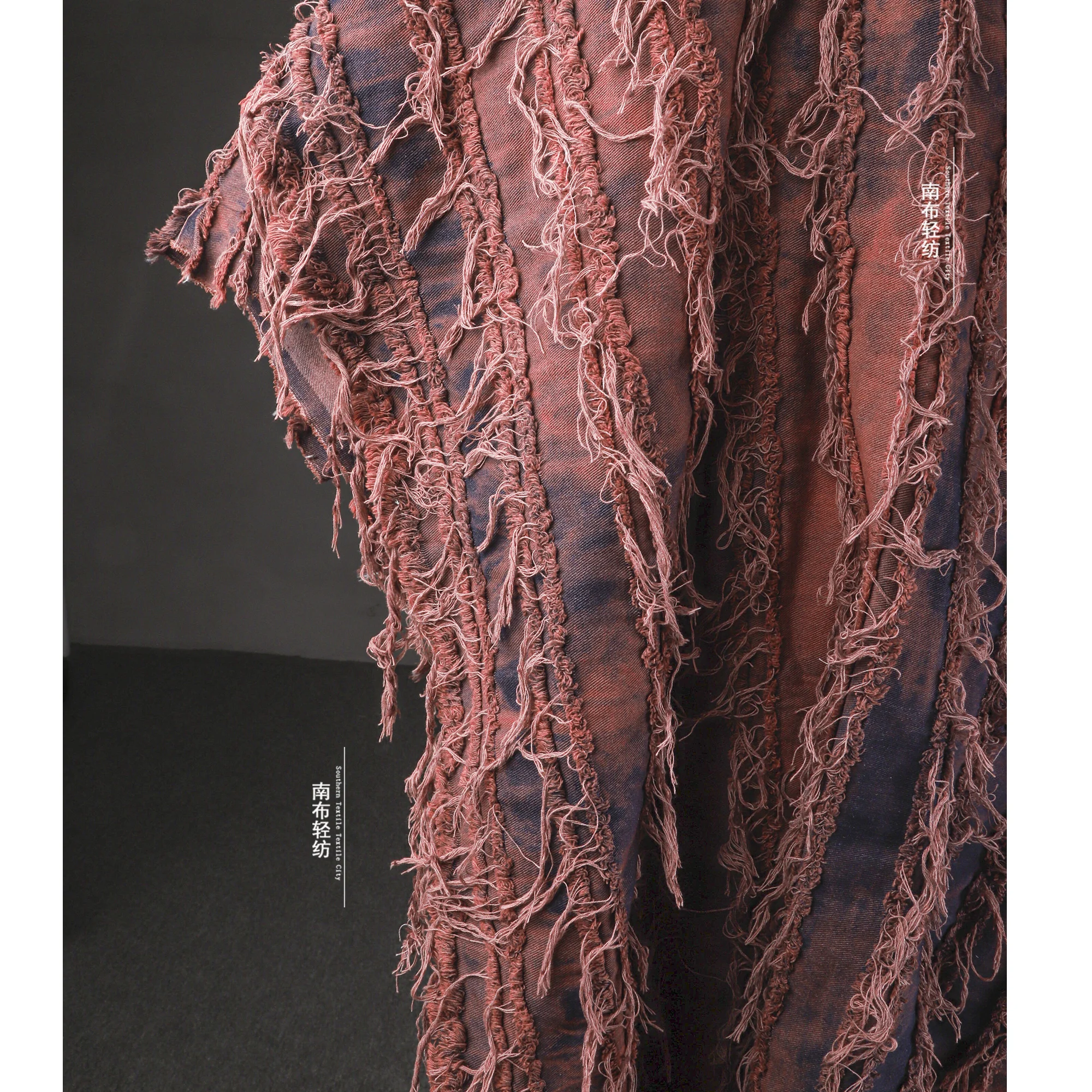 Hot Metal Black Tie-Dyed Tassel Denim Figured Cloth Creative Striped Washed Skirt Coat Clothing Designer Fabric Jeans Fabric