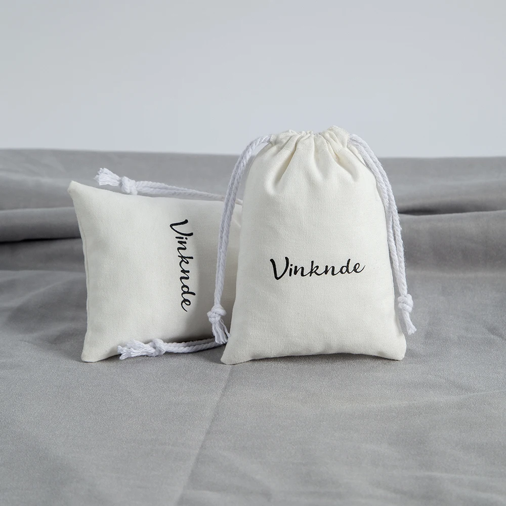 50pcs Custom Logo White Canvas Cotton Bags with Black Drawstring Christmas Wedding Candy Package Pouch Big Size Dustproof Sacks