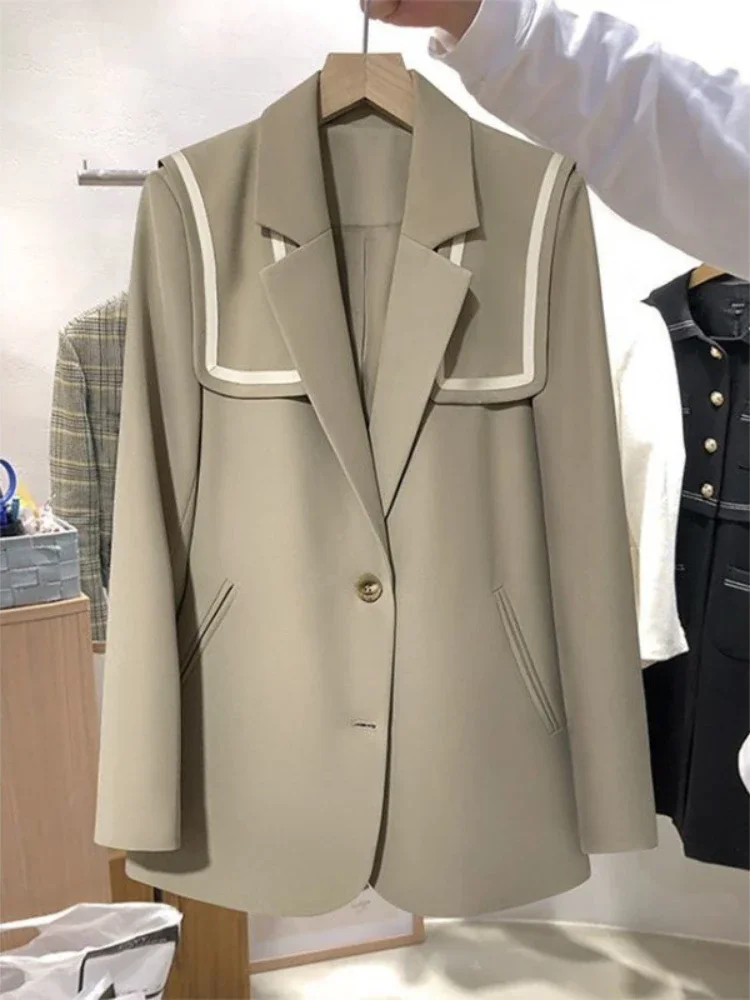 

Новинка, всесезонное однотонное приталенное пальто с отложным воротником, куртки, короткие топы для военно-морского руководства, женская одежда