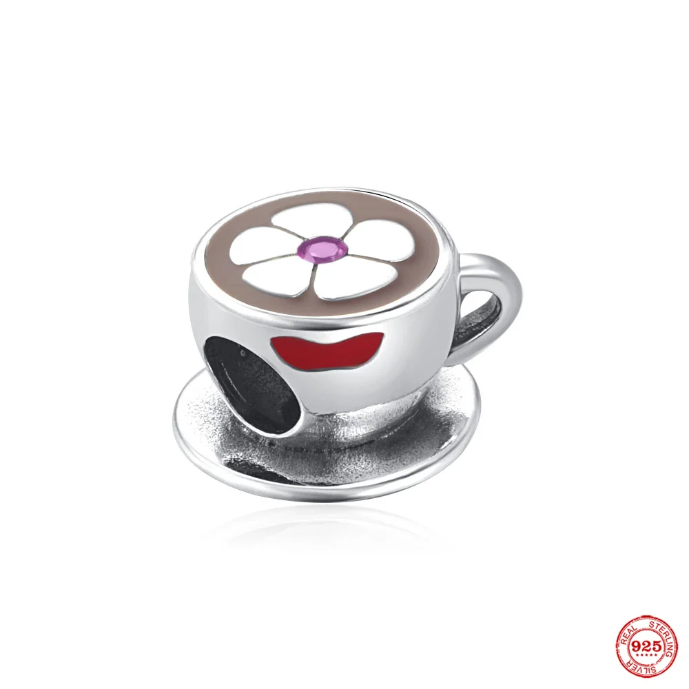 Colgante de plata 925 para taza de café, abalorio para pulsera Pandora Original, chapado en copa de vino, corazón rojo, solitario, Clip, joyería