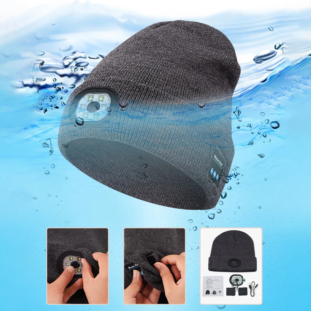 Wireless Bluetooth 5.0 Music Knitted Hat Rechargeable Detachable Luminous Sleeve Cap
