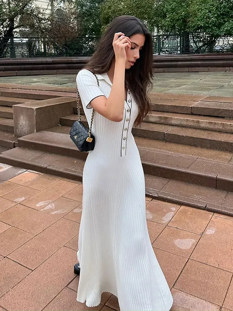Elegant Solid Buttons Knitted Maxi Dress Women Slim Lapel Short Sleeve Ribbed Dresses 2023 Summer Female Chic Streetwear Robe