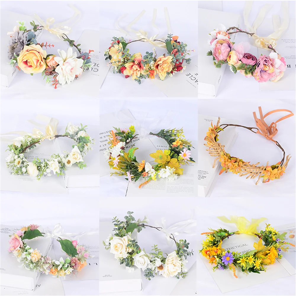 

Artificial Silk Flower Wreath Bride Women Flower Crown Hair Band Wedding Floral Headband Garland Ribbon Girl Hair Accessories