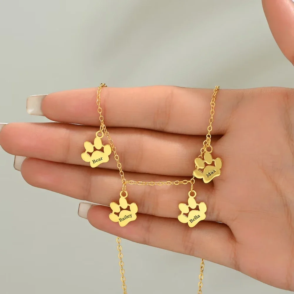 Custom Name Paw Pendant Necklace Personalized Engraved Letter Necklaces for Women Girls Stainless Steel Tiny Dog Paw Jewelry