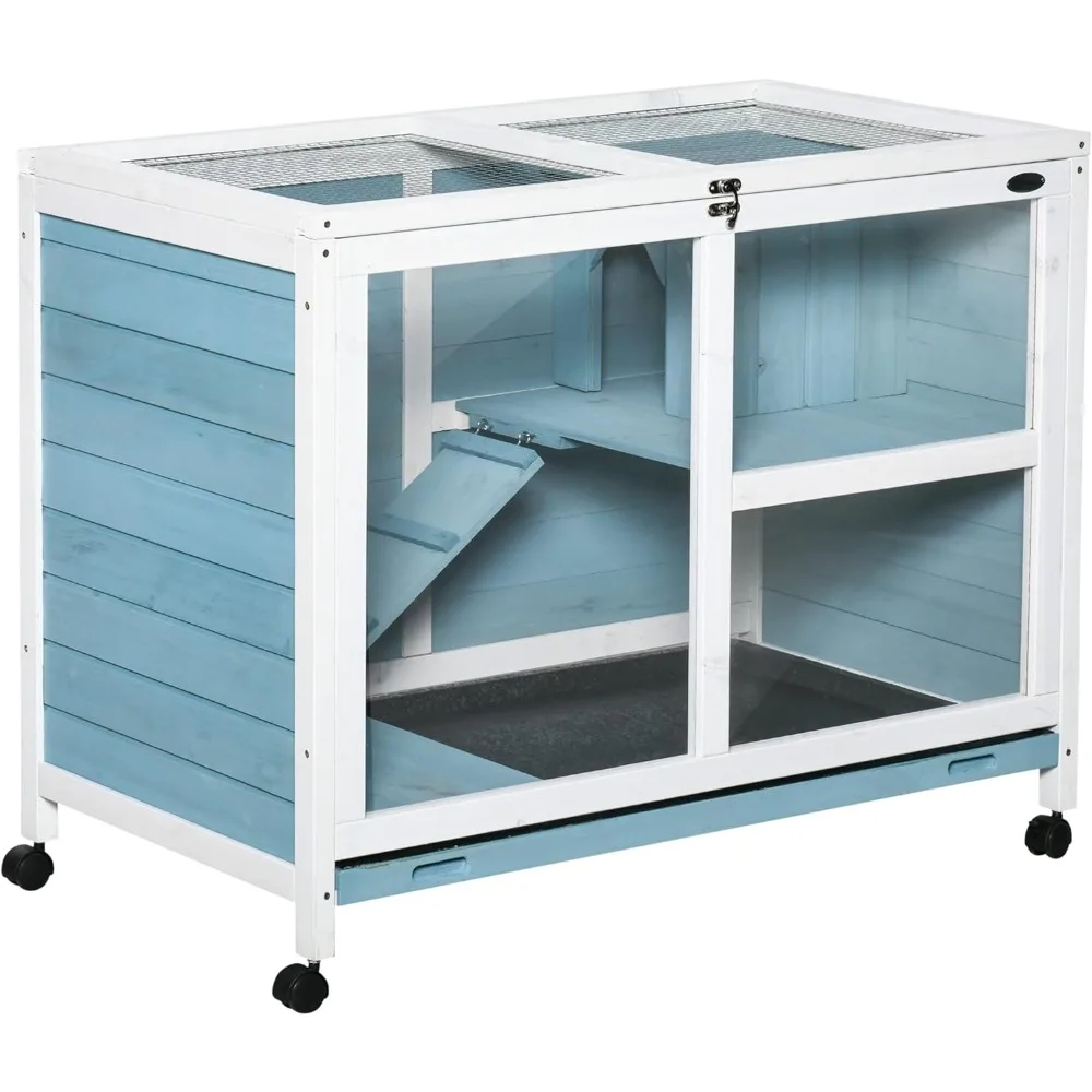 Indoor Rabbit Hutch with Wheels Desk and Side Table Sized Wood Rabbit Cage Waterproof Small Cage