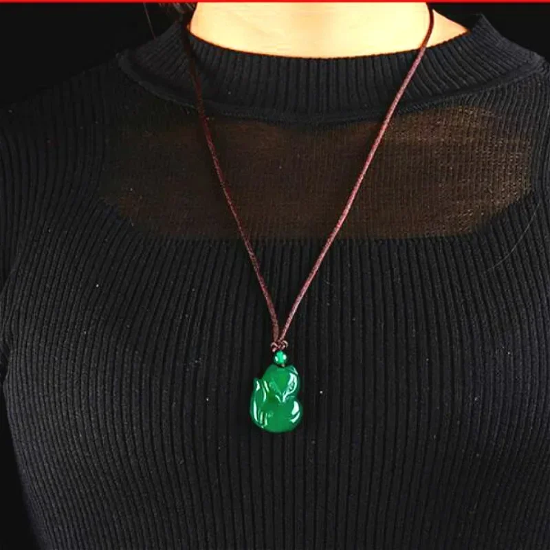 Jade Fox Necklace Pendant Natural Green White Chalcedony Chinese Fashion Charm Jewelry Carved Amulet Gifts for Women Men pendant necklace,jasper pendant,silver pendant