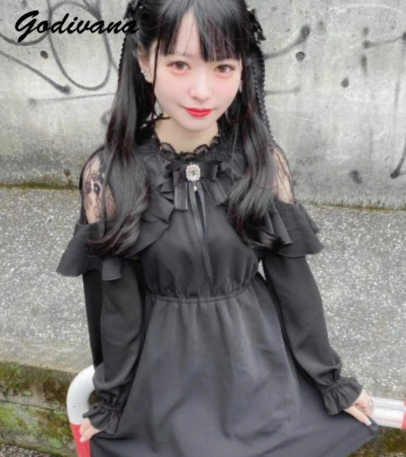 

Lolita Sweet Japanese Short Dress Rojita Lace Long Sleeve Type Black Cover Belly Princess Clothes Slimming Waist A-line Dress