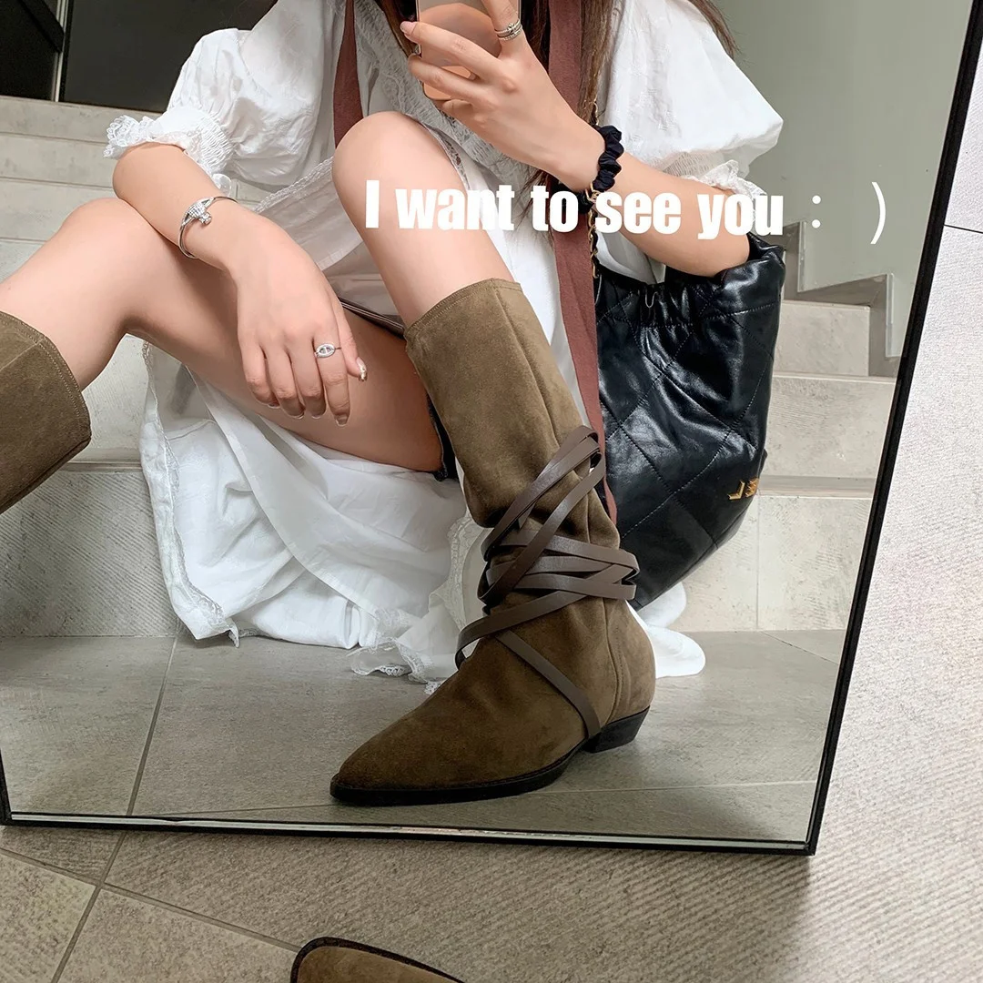 Black Suede Embroidered Knee High Boots Women Pointed Toe Spike Heel Autumn Winter Long Boots Leather Handmade Knee Knight Boots