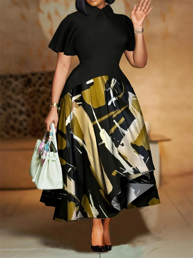 Wmstar Plus Size Dresses for Women Wholesale Patchwork Print Lapel Leaf Sleeve Dress Large Skirt African Dress Dropshopping