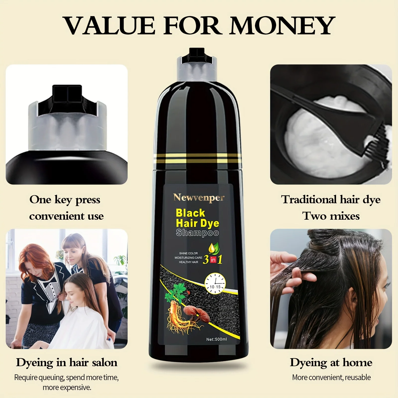 500ML/14.9 Fl.oz Black Hair Dye shampoo Coloring in Minutes Natural & Long Lasting Hair Dye Shampoo Men & Women turn Black hair dye shampoo