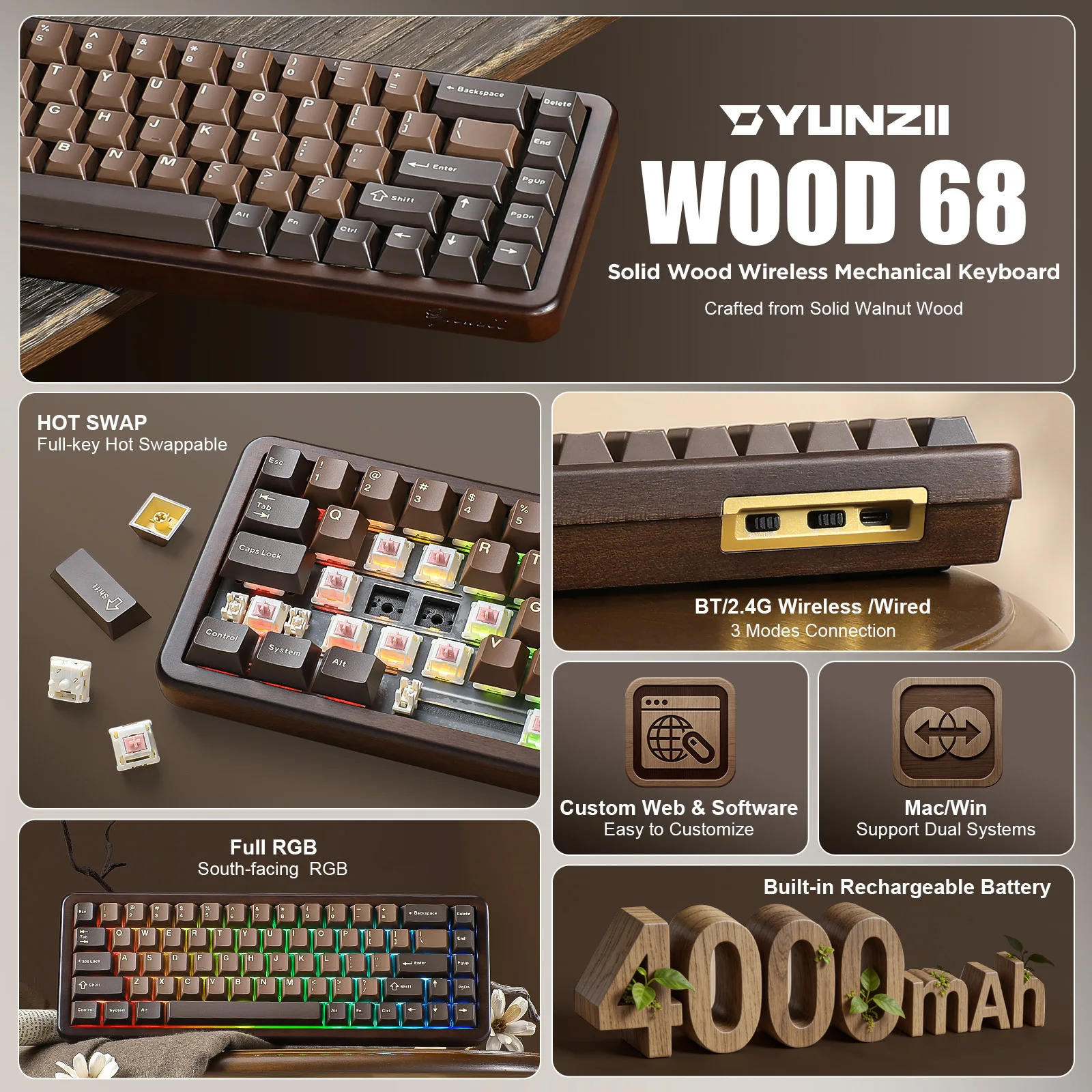 YUNZII WOOD68 무선 기계식 키보드, 컴팩트한 호두나무 목재 맞춤형 RGB 키보드, Mac/Win용 트레이 마운트 핫스왑 트라이 모드