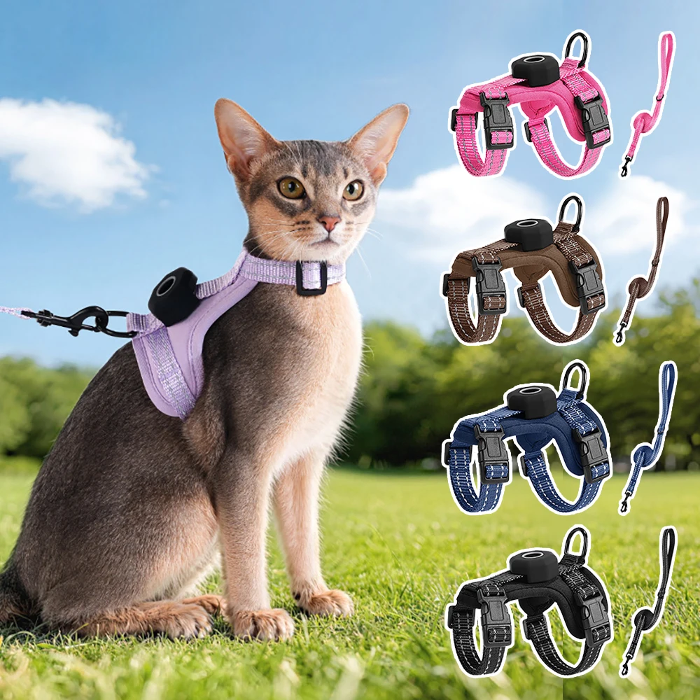Escape Proof Cat Harness With GPS Tracker Pocket Reflective Breakaway Vest Leash Set Anti Lost Adjustable Soft Mesh Pet Harness_voghion.com
