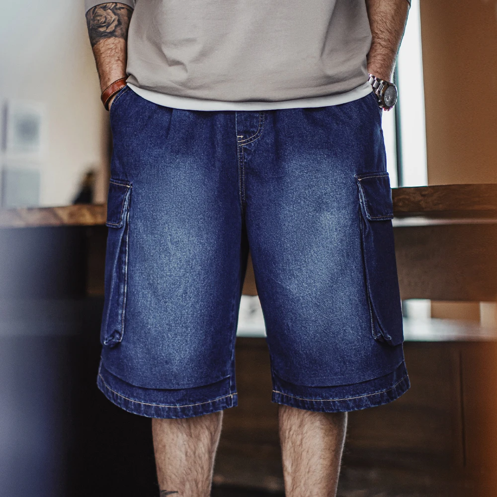 Vintage Heavyweight Embroidered Denim Shorts Men's Spring Summer Loose Fit Elastic Waist Cargo Street Shorts men jeans,denim pants,denim shorts,summer jeans shorts