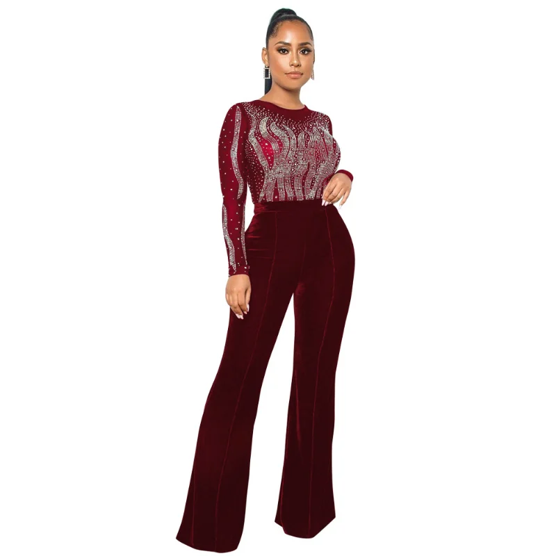 WSFEC Spring 2023 Fashion Jumpsuits Women Clothing Patchwork Velvet Perspective Sequins Wide Leg Club Party Evening Bodysuits