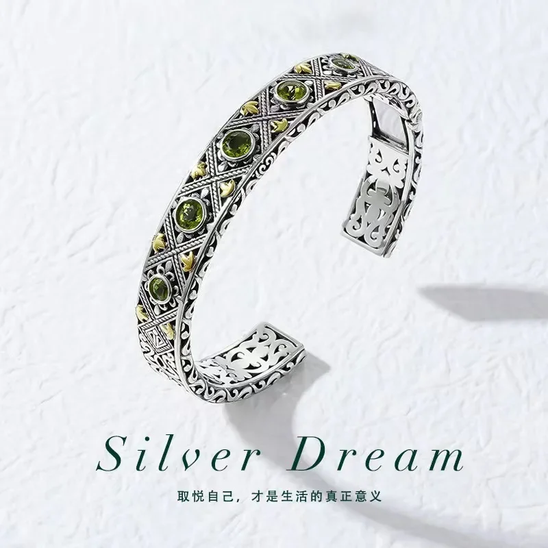 

S925 Sterling Silver Boutique Craft Texture Carved and Inlaid Olivine Bracelet Women's Temperament Fashion Trend