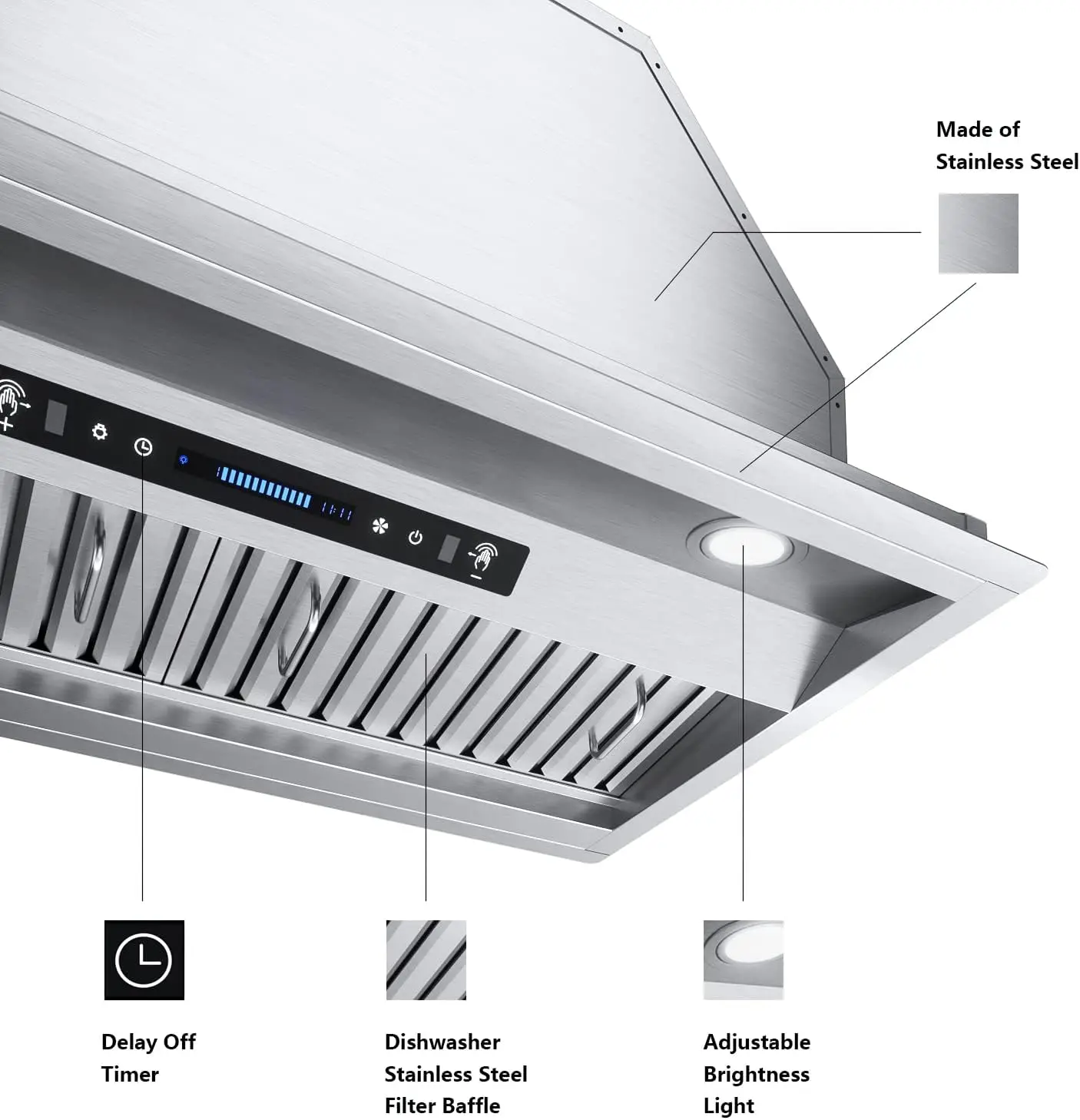 Built-in/Insert Range Hood 900 CFM, Ducted/Ductless Convertible Duct, Stainless Steel Kitchen Vent Hood with 2 Pcs Adjustable Li 6