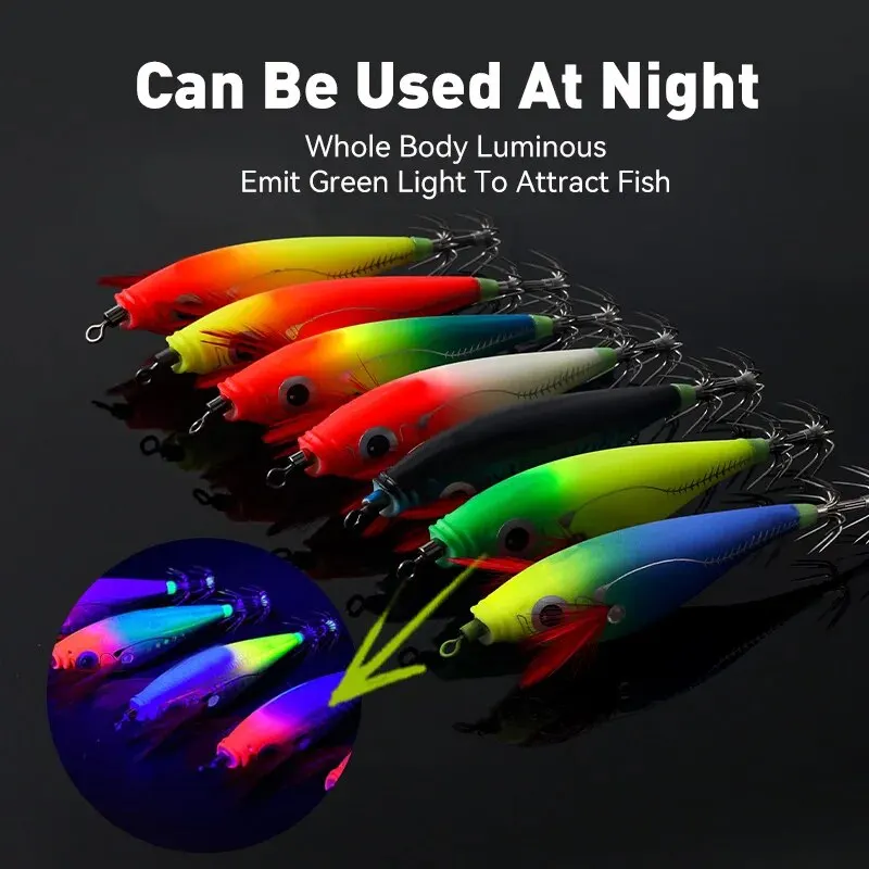 Fishing Lures Luminous Horizontal Squid Jig Wood Shrimp Squid Hook 14pcs/Set Octopus Cuttlefish Shrimp Baits
