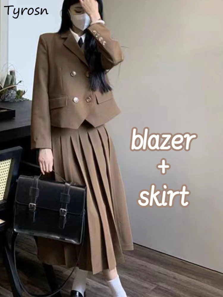 

Preppy Skirts Suits Women Crop Notched Blazers Vintage Gentle Autumn Midi High Waist British Stylish Pleated Daily Outfits Sweet