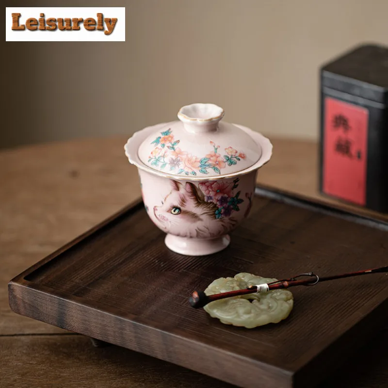 Pink Ru Kiln Flower Cat Gaiwan Antique Not Hot Tea Tureen Tea Bowl With Lid Kit Tea Maker Cover Bowl Kung Fu Tea Set Ornaments