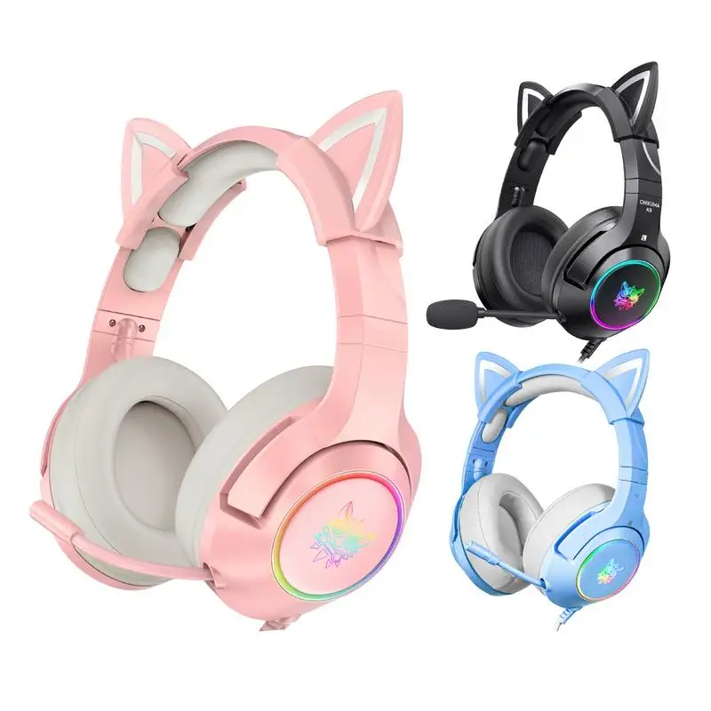 

Cat's Ears Headset RGB Light Smile Face Headset Gradient New Headphone Piink Little Girl Earphone Gift Suitable For Any Phone