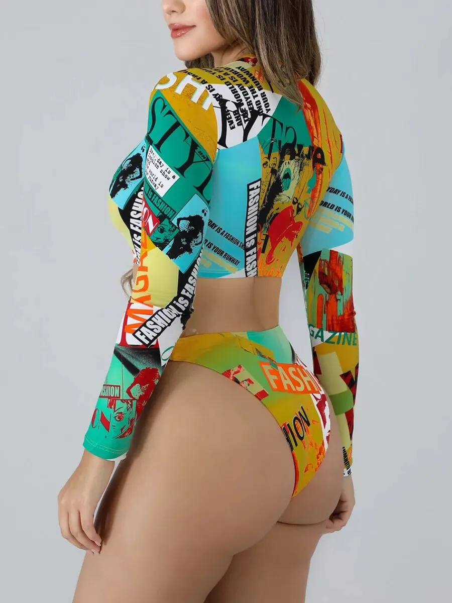 Surf Swimsuit Long Sleeve Printed Swimwear Women Zipper Two Piece Rashguard Diving Clothes Bathing Swimming Suit