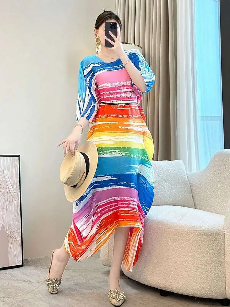 LANMREM Niche Colorful Printting Pleated Dress For Women 2025 New Loose Casual Round Collar Irregular Hem Dresses Chic 2DB2986 - Image 2
