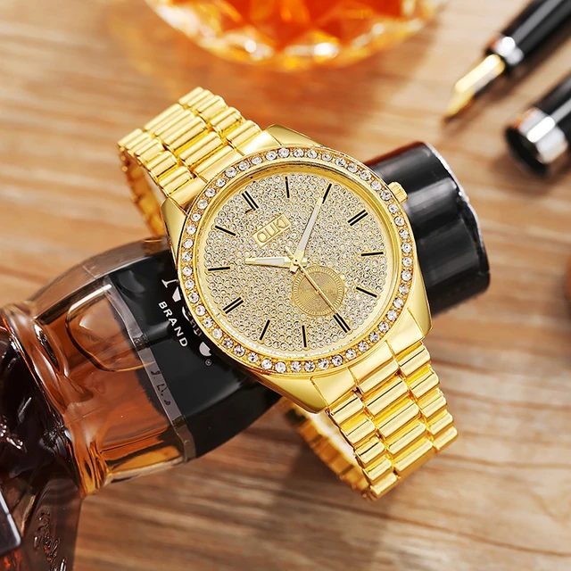  Reloj de pulsera de lujo para mujer, tono dorado, con correa de  cuero negro : Ropa, Zapatos y Joyería