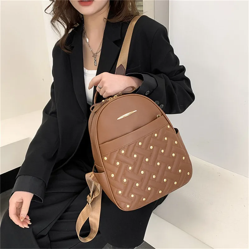 Women Leather Small Backpack for Girls Luxury Silk Scarf Travel Crossbody  Shoulder Bags Adjustable Straps Female School Backpack