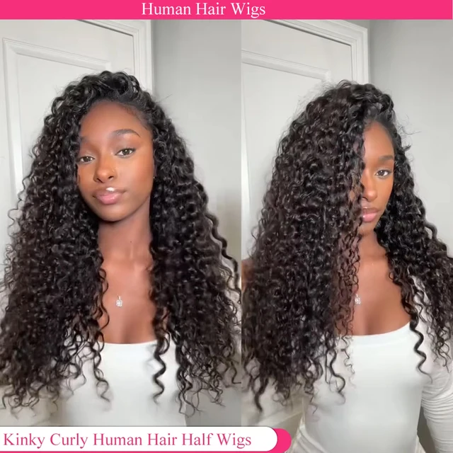 Demi-perruque cheveux humains crépus bouclés sans colle perruque cheveux humains prêt à porter 3 en 1 demi perruque avec cordon 250 densité bouclée demi-perruque 1